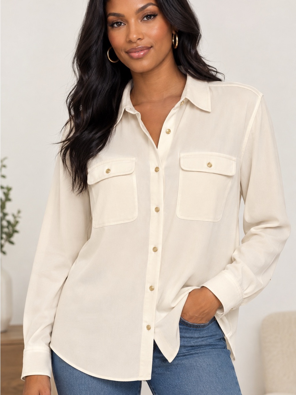 Lauren Ralph Lauren Cream Button-Front Blouse with Gold Buttons